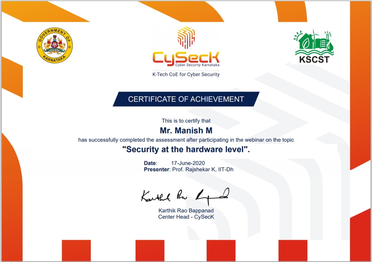 Cybersecurity Karnataka Security at the Hardware Level certificate